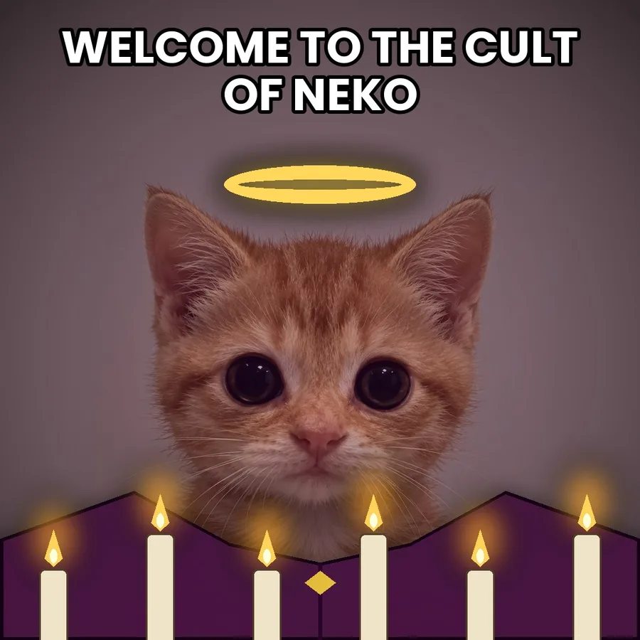 Neko in ceremonial robes with a halo and candles